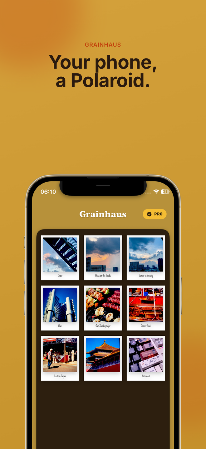 Grainhaus vintage camera simulator showing a polaroid-style photo